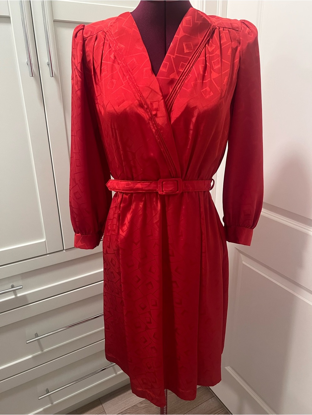 VINTAGE Red Jacquard Belted Midi Dress Puff Sleeve Secretary Career M